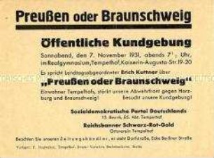 Einladung zu einer Kundgebung mit Vortrag des Landtagsabgeordneten Erich Kuttner zum Thema "Preußen oder Braunschweig"