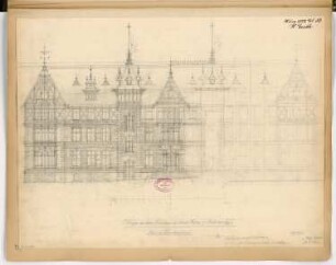 Kurhaus und Badeanlage, Hamm Monatskonkurrenz März 1882: Aufriss Straßenansicht des Hauptflügels; Maßstabsleiste