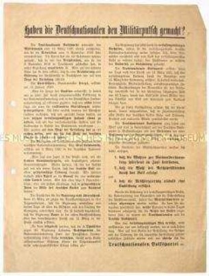 Programmatischer Beitrittsaufruf der DNVP pro parlamentarische Verfassung - mit Verurteilung des Kapp-Putsches und der Novemberrevolution