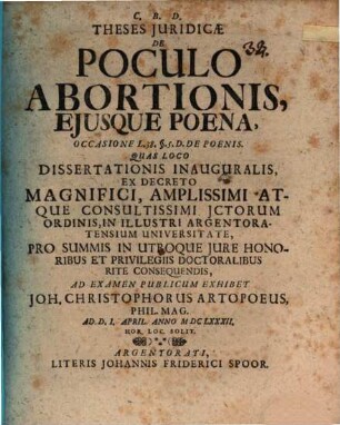 Theses iur. de poculo abortionis, eiusque poena : occasione L. 38. §. 5. D. de poenis