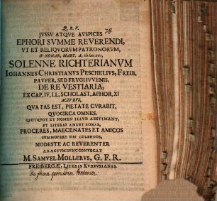 Iussu atque auspiciis ephori solenne Richterianum Johannes Christianus Peschelius ... curabit ... : [Programma ad hunc actum invitatorium, continens aliqua de fama quorundam poetarum]