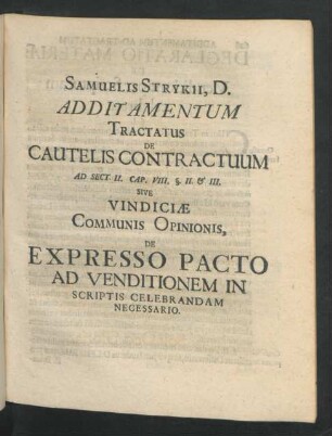 Samuelis Strykii additamentum Tractatus De Cautelis Contractuum ...