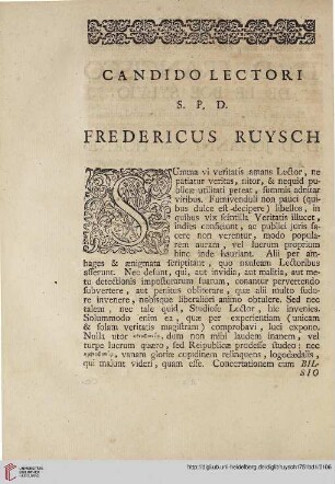 Candido lectori s.p.d. Fredericus Ruysch