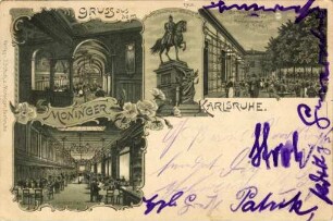 Postkartenalbum August Schweinfurth mit Karlsruher Motiven. "Gruß aus dem Moninger Karlsruhe"