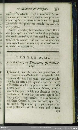 Lettre DCXIV. Aux Rochers, ce Dimanche, 15. Janvier, 1690