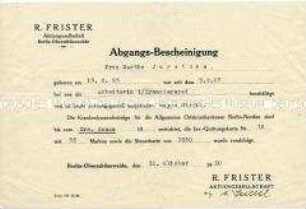 Bescheinigung über das Ausscheiden einer Arbeiterin aus einem Betrieb "wegen Streik"