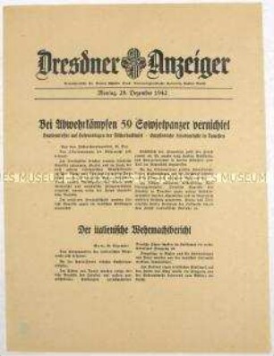 Nachrichtenblatt "Dresdner Anzeiger" mit Meldungen des Oberkommandos der Wehrmacht und des italienischen Oberkommandos u.a. zum Kriegsgeschehen an der Ostfront und in Nordafrika