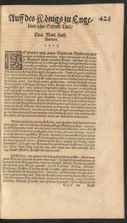 Auff des Königs zu Engeland lester Schrifft Titel/ Doct. Mart. Luth. Antwort. 1527.