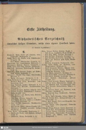 Einwohnerverzeichnis : Alphabetisches Verzeichniß sämmtlicher hiesigen Einwohner, welche einen eigenen Hausstand haben