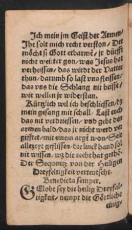 Der Sequentz von der Heiligen || Dreyfeltigkeit verteutscht. || Benedicta semper. ||