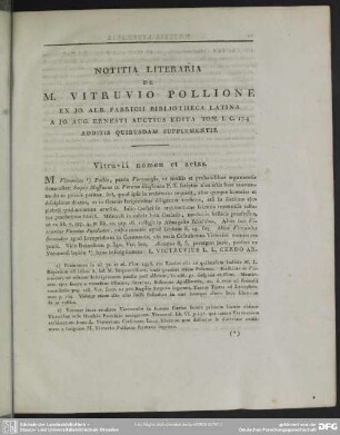Notitia Literaria De M. Vitruvio Pollione Ex Io. Alb. Fabricii Bibliotheca Latina A Io. Aug. Ernesti Auctius Edita Tom. I. C. 17.; Additis Quibusdam Supplementis