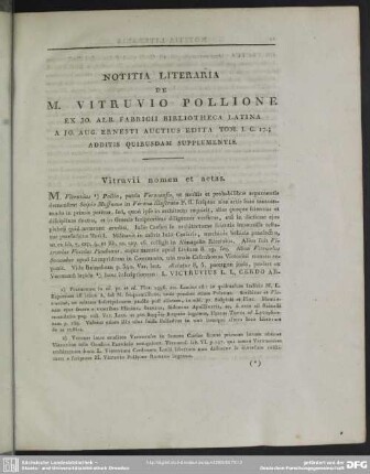 Notitia Literaria De M. Vitruvio Pollione Ex Io. Alb. Fabricii Bibliotheca Latina A Io. Aug. Ernesti Auctius Edita Tom. I. C. 17.; Additis Quibusdam Supplementis