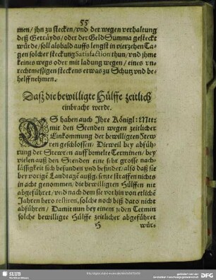 Dasz die bewilligte Hülffe zeitlich einbracht werde
