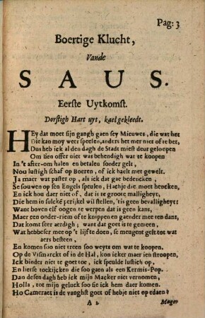 Boertige Klucht, Vande Saus : Op 't Sreeckwoort: Natuur voor Leer ; Gespeelt op d'Amsterdamsche Schouwburg, Anno 1657