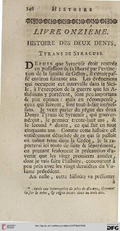 Livre onzième: Histoire des deux Denys, Tyrans de Syracuse