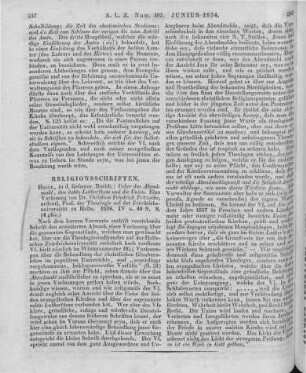 Fritzsche, C. F.: Ueber das Abendmahl, das aechte Lutherthum und die Union. Halle: Gebauer 1834