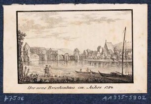 Die Elbbrücke in Meißen während der Reparatur nach der schweren Zerstörung durch das Hochwasser Ende Februar 1784, Blick vom rechten Elbufer unterhalb der Brücke über die Elbe auf die Altstadt