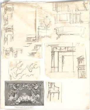Rosenbauer, Gregor; Frankfurt; Studienarbeiten - Kaminmantel, Sofa, Sekretär (Ansicht, Schnitt, Detail)