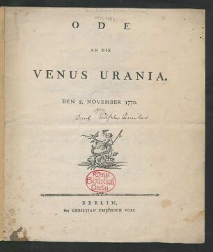 Ode an die Venus Urania. Den 2. November 1770