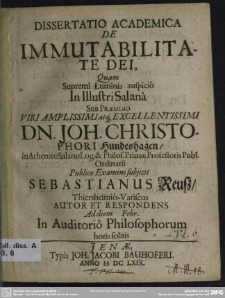 Dissertatio academica de immutabilitate dei