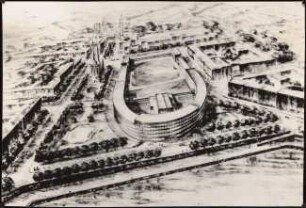Berufsschulen am Urban, Berlin-Kreuzberg: Vorprojekt, Perspektivische Ansicht (Vogelschau) vom Hafen her (Projekt getrennte Komplexe) (von Inv. Nr. 3876)