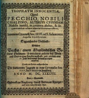 Trophaeum Innocentiae ... Pecchio, nobili Cisalpino ... erect. : [Periocha]