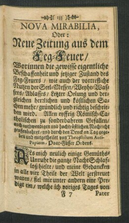 Nova Mirabilia, Oder: Neue Zeitung aus dem Feg-Feuer, Worinnen die gewisse eigentliche Beschaffenheit und jetziger Zustand des Feg-Feuers ...