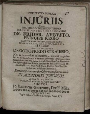 Disputatio Publica De Iniuriis : ad Diem IV. Mai. MDCCII.