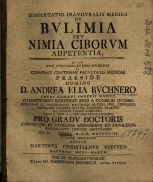Dissertatio Inavgvralis Medica De Bvlimia Sev Nimia Ciborvm Adpetentia