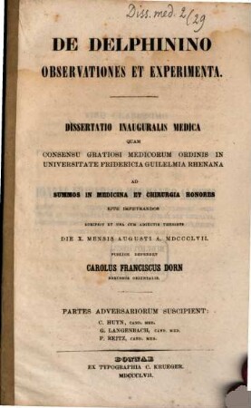 De delphinino observationes et experimenta : (Diss. inaug.)