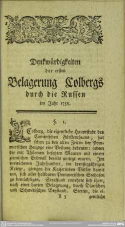 Denkwürdigkeiten der ersten Belagerung Colbergs durch die Russen im Jahr 1758