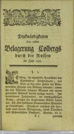 Denkwürdigkeiten der ersten Belagerung Colbergs durch die Russen im Jahr 1758