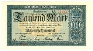 Geldschein, 1.000 Mark, 1.10.1922