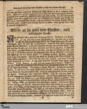Anrede an die zwey neue Christen, nach verrichteter Tauffe.