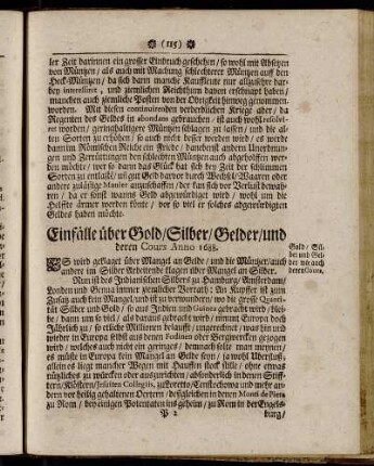 Einfälle über Gold / Silber / Gelder/ und deren Cours Anno 1688.