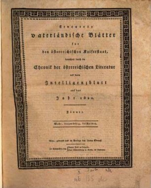 Erneuerte vaterländische Blätter für den österreichischen Kaiserstaat. 1820