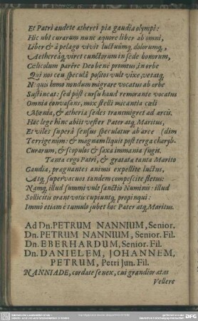 Ad D. Petrum Nannium, Senior. Dn. Petrum Nannium, Senior. Fil. Dn. Eberhardum, Senior. Fil. Dn. Danielem, Johannem, Petrum, Petri Jun. Fil.