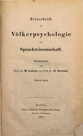 Zeitschrift für Völkerpsychologie und Sprachwissenschaft. 10. 1878