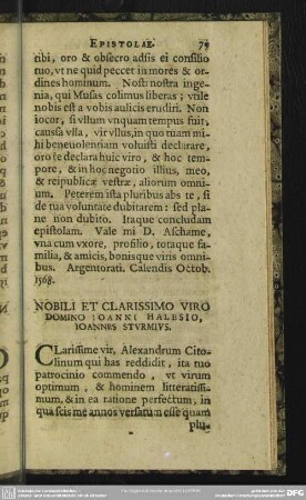 Nobili Et Clarissimo Viro Domino Ioanni Halesio, Ioannes Sturmius