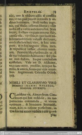 Nobili Et Clarissimo Viro Domino Ioanni Halesio, Ioannes Sturmius