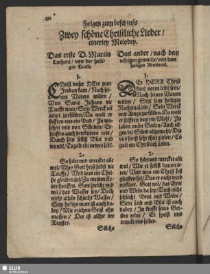 Folgen zum beschluss Zwey schöne Christliche Lieder, einerley Melodey