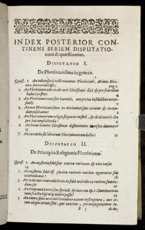 Index Posterior Continens Seriem Disputationum & quaestionum
