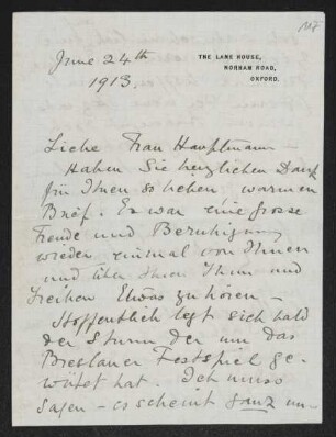 Brief von Ethel Mary Fiedler an Margarete Hauptmann