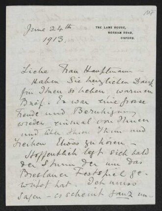 Brief von Ethel Mary Fiedler an Margarete Hauptmann