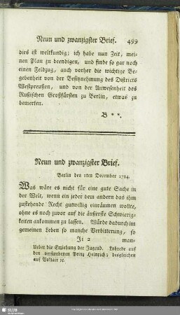 Neun und zwanzigster Brief. Berlin den 1ten December 1784