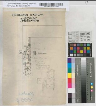 Schloß Kalkum [Grundrisse]. Hof, Unter- und Kellergeschoß, Erdgeschoß, 1. und 2. Etage.