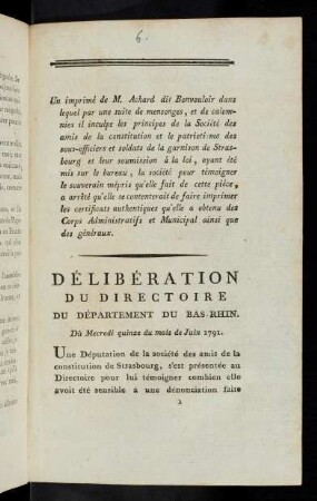 1-4 Délibération Du Directoire Du Département Du Bas-Rhin. Extrait du régistre...