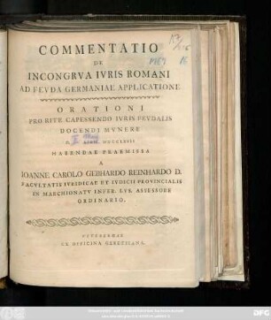 Commentatio De Incongrva Ivris Romani Ad Fevda Germaniae Applicatione
