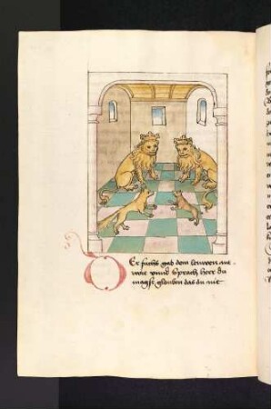 Fuchs und Wiesel vor dem Löwenkönig mit Löwenmutter; (Kapitel XII: Von dem Löwen und dem Fuchs)