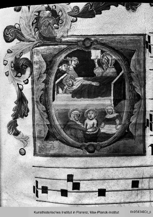 Initiale D (?) mit der Mariengeburt - Antiphonarium Commune Sanctorum, Proprium de Sanctis et Proprium de tempore